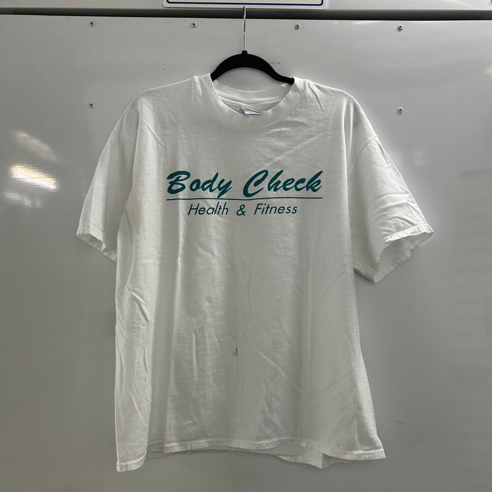VTG 90s White and blue Body Check Health & Fitness tee